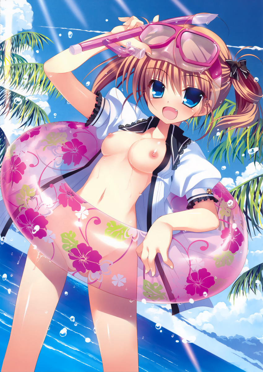 :d absurdres bangs blue_eyes blush bottomless breasts breasts_outside brown_hair cloud collarbone convenient_censoring day diving_mask diving_mask_on_head dutch_angle fang highres horizon hoshizuki_sora innertube looking_at_viewer medium_breasts nanaka_mai navel nipples no_bra no_panties ocean open_clothes open_mouth open_shirt outdoors palm_tree pure_girl school_uniform shiny shiny_skin shirt short_hair short_sleeves short_twintails sky smile snorkel transparent tree twintails water wet