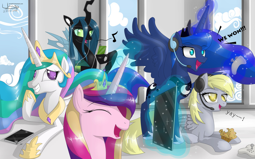 absurd_res black_body blonde_hair blue_eyes blue_feathers blue_fur blue_hair changeling cloud clouds console derpy_hooves_(mlp) english_text equine female feral food friendship_is_magic fur green_eyes grey_feathers grey_fur group hair headphones hi_res horn horse inside magic mammal mp3_player muffin multi-colored_hair my_little_pony pegasus pink_fur pony princess_cadance_(mlp) princess_celestia_(mlp) princess_luna_(mlp) purple_eyes queen_chrysalis_(mlp) sky smile tablet text tiara unnop64 white_fur windows winged_unicorn wings yellow_eyes