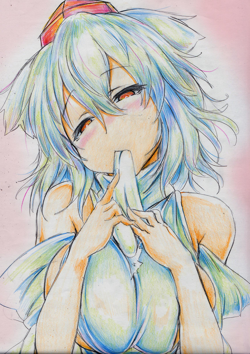 absurdres animal_ears bare_shoulders blush breasts colored_pencil_(medium) detached_sleeves eating food hat head_tilt highres holding holding_food inubashiri_momiji kitazinger large_breasts mochi red_eyes short_hair solo tokin_hat touhou traditional_media wagashi wolf_ears