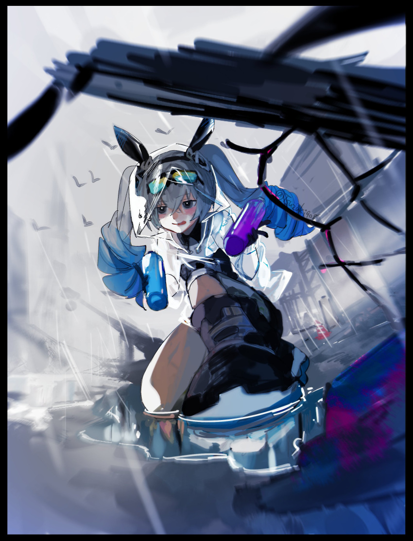 1girl :p absurdres bangs black_footwear black_gloves bronya_zaychik bronya_zaychik_(haxxor_bunny) drill_hair eyewear_on_head full_body gloves grey_eyes grey_hair grey_sky highres holding honkai_(series) honkai_impact_3rd long_hair looking_at_viewer outdoors rain solo spray_can sunglasses tongue tongue_out tsuzuki908 twin_drills