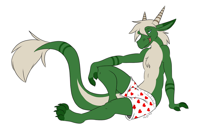boxers dragon fur green_body halbean heart_boxers horn kobold_thief_(character) looking_at_viewer male plain_background reclining solo tail_tuft topless tuft underwear white_background