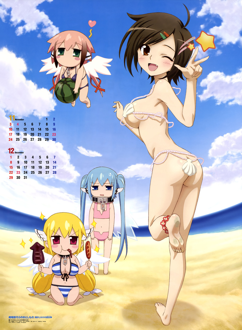 absurdres angel ass astraea barefoot beach bikini blonde_hair blue_eyes blue_hair breasts brown_eyes brown_hair butt_crack calendar feet female food fruit genderswap green_eyes highres ikaros long_hair multiple_girls nymph_(sora_no_otoshimono) official_art pink_hair red_eyes sakurai_tomoki sakurai_tomoko short_hair smile soles sora_no_otoshimono swimsuit toes twintails very_long_hair watanabe_yoshihiro watermelon wings wink