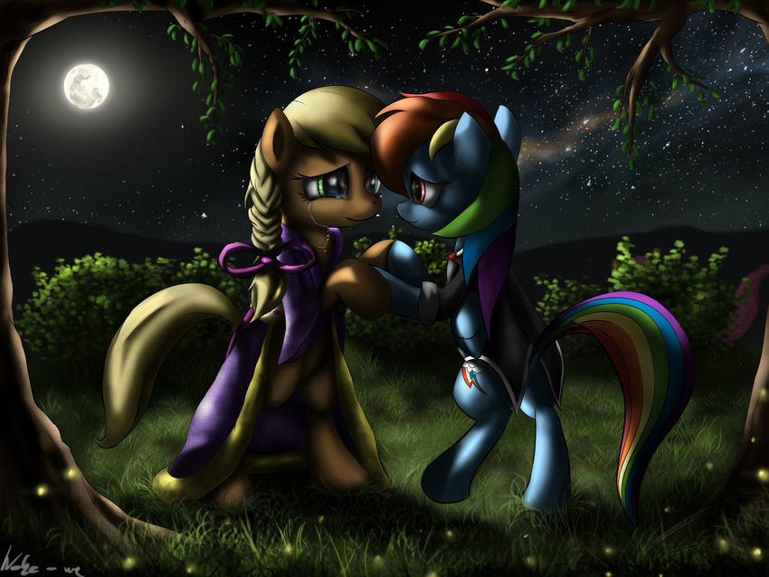 absurd_res applejack_(mlp) blonde_hair blue_fur clothing cutie_mark dress duo equine female feral freckles friendship_is_magic fur green_eyes hair hi_res horse lesbian mammal moon multi-colored_hair my_little_pony necklace neko-me night orange_fur pegasus pony purple_eyes rainbow_dash_(mlp) rainbow_hair wings