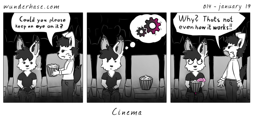 anthro canid canine canis clothing comic dog food humor lagomorph laion male mammal movie_theater penis popcorn rabbit webcomic wunderhase