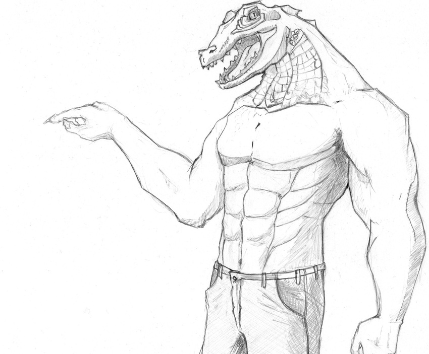 big_muscles crocodile monochrome muffler muffler_(artist) muscles plain_background reptile scalie solo topless