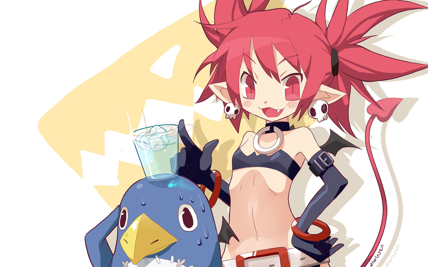 :3 bare_shoulders bat_wings belt blush charln choker demon_tail disgaea elbow_gloves etna fang flat_chest glass gloves hand_on_hip ice ice_cube looking_at_viewer midriff navel open_mouth pointy_ears prinny red_eyes red_hair short_hair tail twintails wings