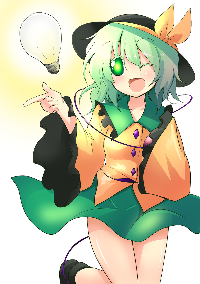 :d absurdres blush boots chipa_(arutana) green_eyes green_hair hat hat_ribbon heart highres komeiji_koishi light_bulb long_sleeves one_eye_closed open_mouth ribbon short_hair skirt smile solo third_eye touhou wide_sleeves