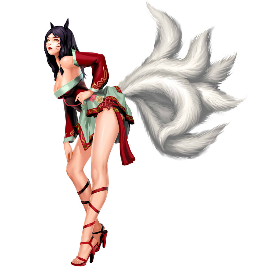 ahri animal_ears bare_shoulders breasts cleavage detached_sleeves facial_mark fox_ears fox_tail high_heels highres league_of_legends leaning_forward lipstick long_hair makeup medium_breasts multiple_tails preter purple_hair sandals shoes solo tail whisker_markings yellow_eyes