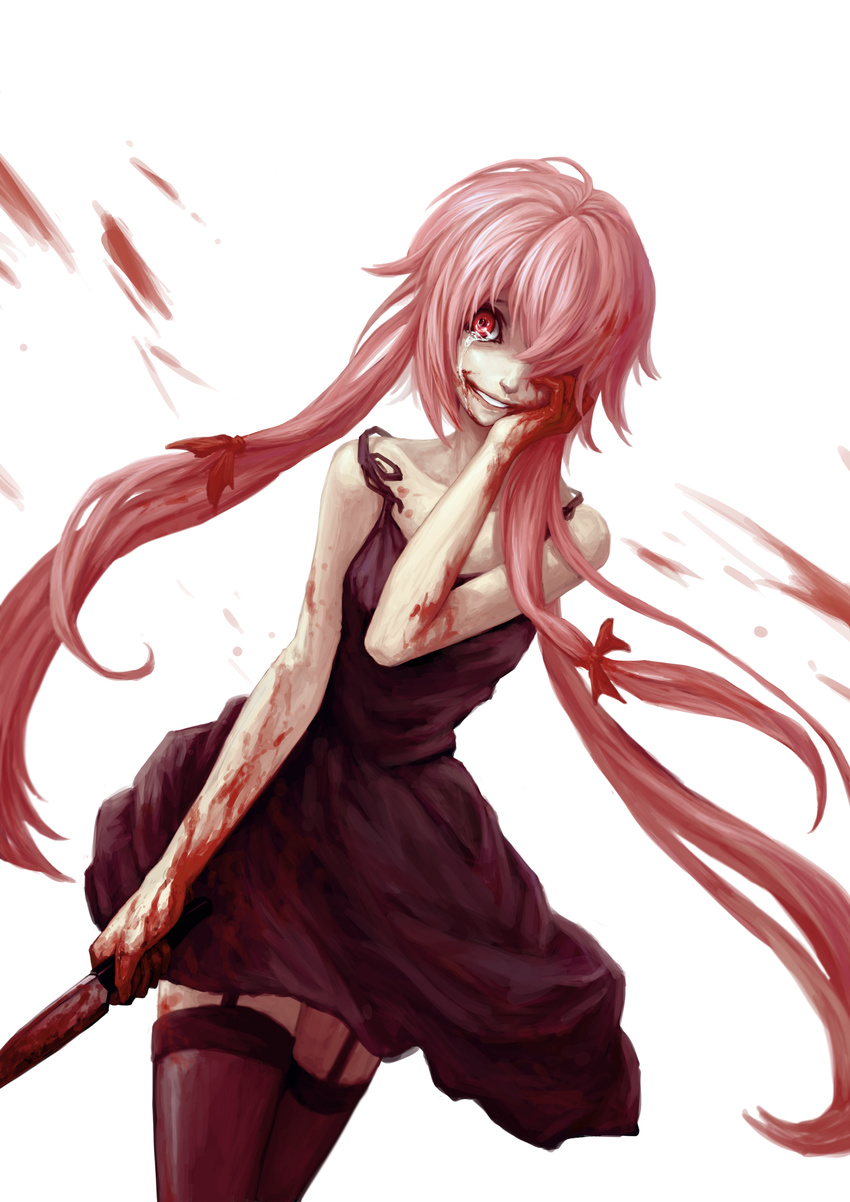 black_outfit blood crying dagger dress female gasai_yuno grin highres holding holding_weapon long_hair looking_at_viewer mirai_nikki pink_hair red_eyes simple_background smile solo twintails weapon white_background yandere yinanhuanle