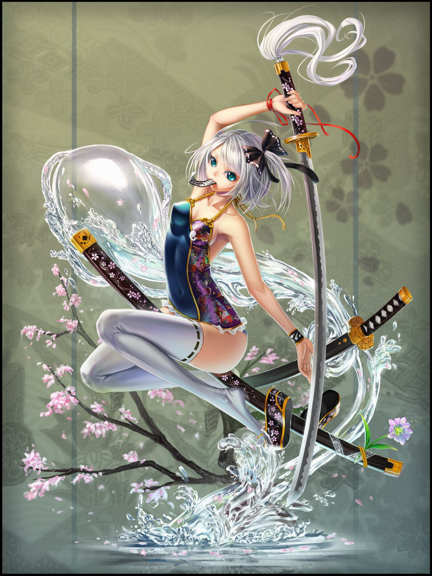 alternate_costume bare_shoulders bow casual_one-piece_swimsuit cherry_blossoms clog_sandals collarbone dress green_eyes hair_bow halterneck highres hitodama katana kayi konpaku_youmu konpaku_youmu_(ghost) midair mouth_hold navel ofuda one-piece_swimsuit ribbon sandals sandals_removed sheath sheathed short_hair silver_hair skin_tight solo swimsuit sword tassel thighhighs touhou tree unsheathed water weapon white_legwear wrist_ribbon wristband