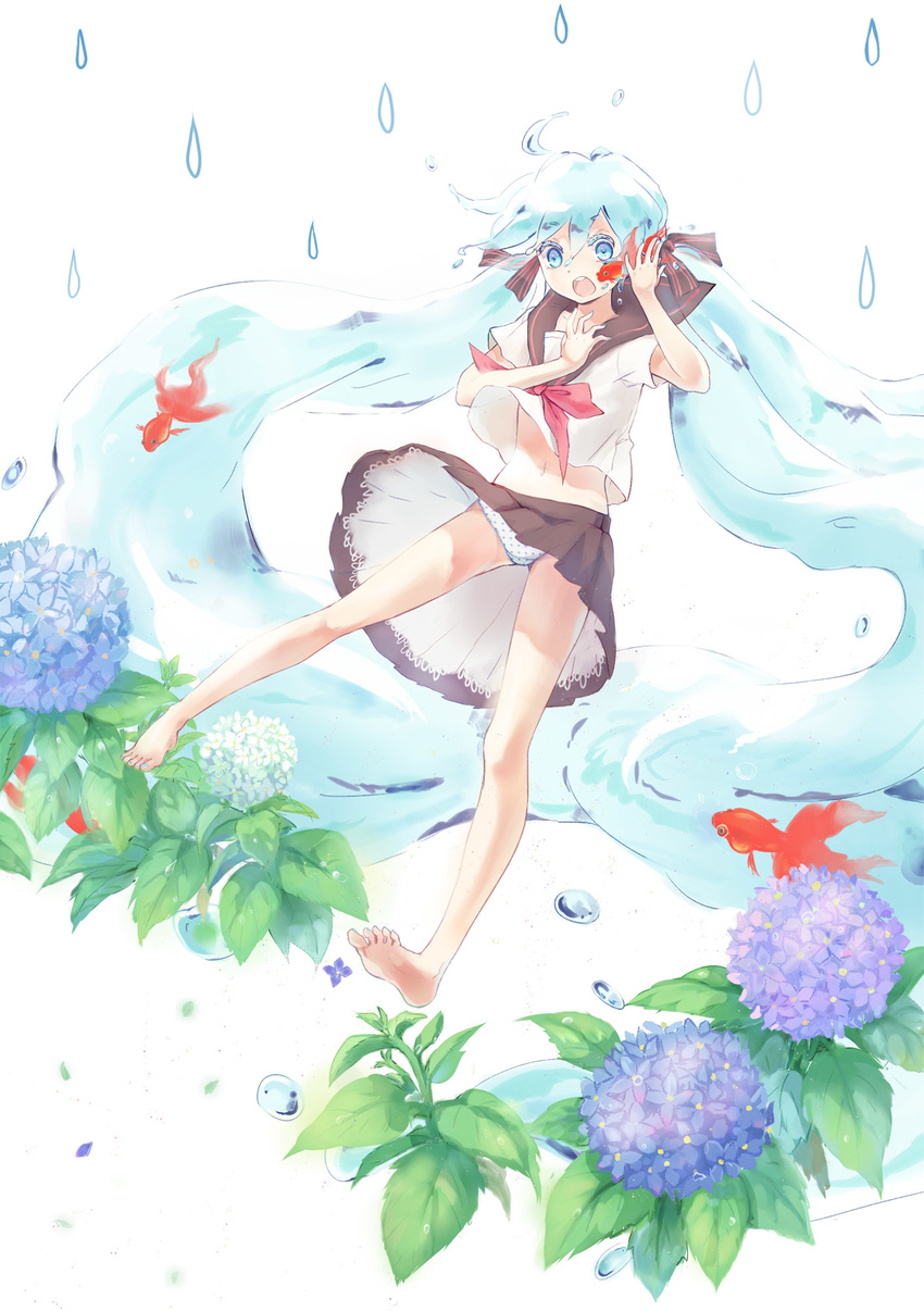 1girl barefoot bottle_miku fish hahahamu hatsune_miku panties school_uniform seifuku toes underwear vocaloid