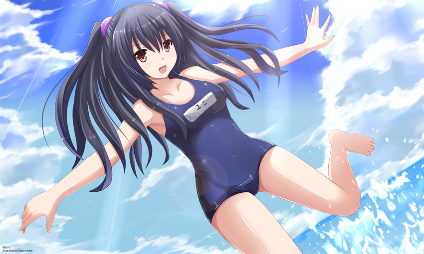 :d ass_visible_through_thighs barefoot black_hair breasts cloud collarbone covered_navel day dutch_angle hair_ornament highres kazenokaze lens_flare light_rays long_hair medium_breasts name_tag neptune_(series) ocean one-piece_swimsuit open_mouth red_eyes school_swimsuit sky smile solo standing standing_on_one_leg sunbeam sunlight swimsuit two_side_up uni_(choujigen_game_neptune) water