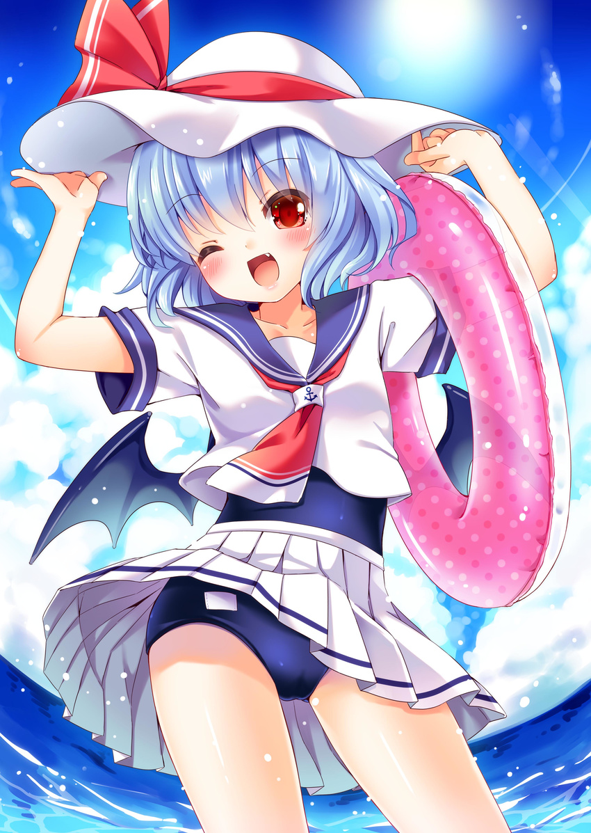 ;d absurdres alternate_costume bad_revision bat_wings blue_hair downscaled_revision fang hat highres innertube irori looking_at_viewer md5_mismatch one_eye_closed open_mouth pleated_skirt red_eyes remilia_scarlet school_swimsuit school_uniform serafuku skirt smile solo swimsuit swimsuit_under_clothes touhou wings
