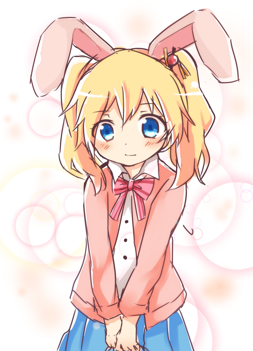 alice_cartelet animal_ears blonde_hair blue_eyes blush bow bunny_ears highres kin-iro_mosaic sketch skirt smile solo tosura-ayato twintails