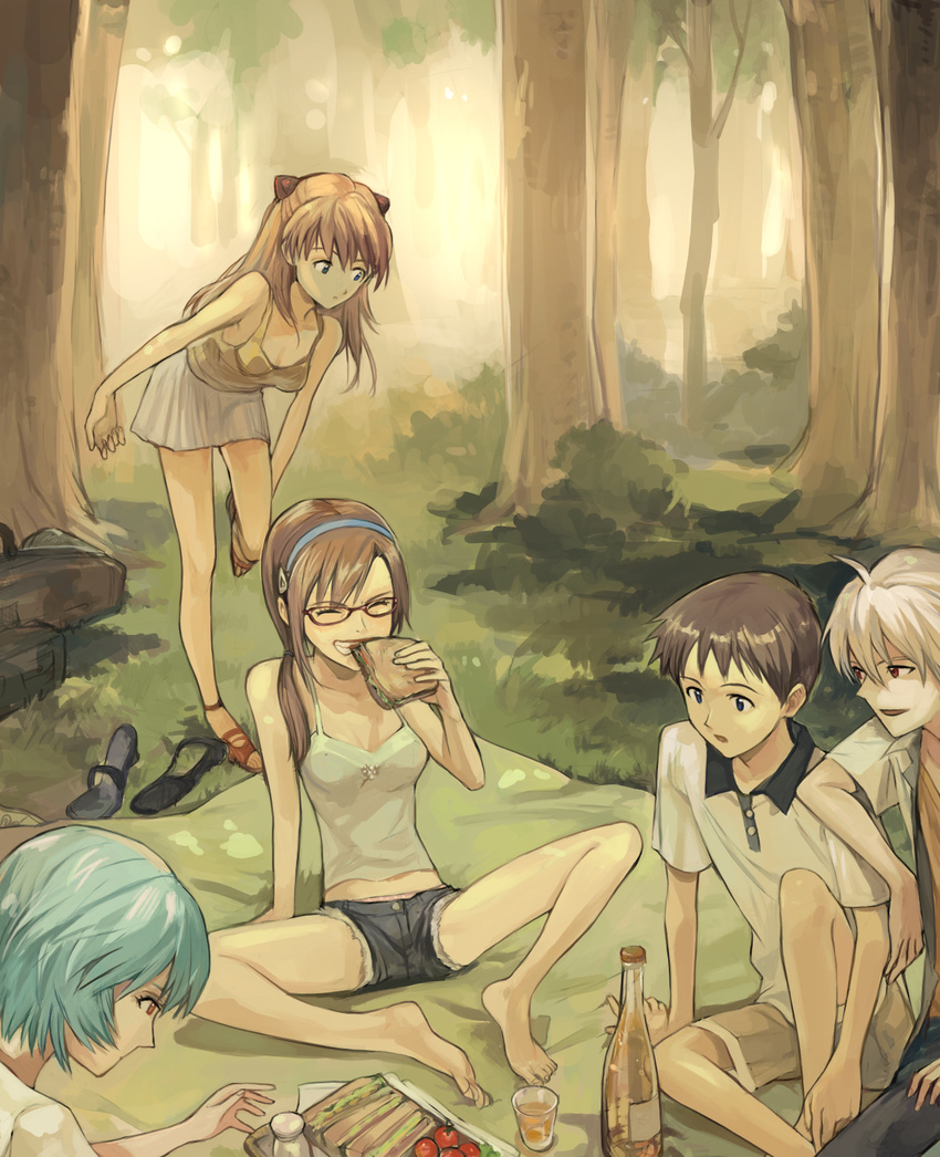 3girls ayanami_rei barefoot blue_hair brown_hair eating food glasses hair_ornament highres ikari_shinji kuzuvine makinami_mari_illustrious multiple_boys multiple_girls nagisa_kaworu neon_genesis_evangelion panties panty_peek picnic polka_dot polka_dot_panties rebuild_of_evangelion sandwich shorts sitting skirt souryuu_asuka_langley tree underwear white_hair