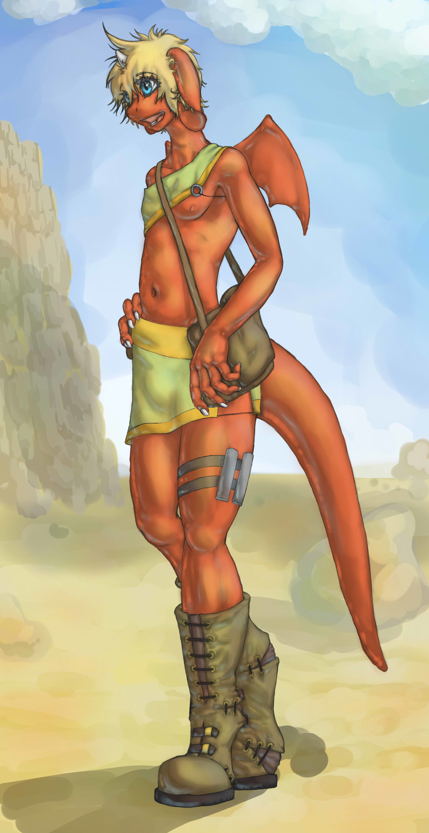 anthro bag blonde_hair blue_eyes boots cliff cloud clouds desert dragon hair hi_res invalid_color mountain navel open_mouth orange_skin scalie shanegdraco sky standing unigan wings