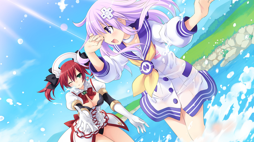 :d ;d blush bow breasts cave_(choujigen_game_neptune) choujigen_game_neptune_mk2 cleavage collar d-pad d-pad_hair_ornament dress dutch_angle earrings emblem game_cg gloves green_eyes hair_bow hair_ornament headdress jewelry long_hair medium_breasts multiple_girls nepgear neptune_(series) non-web_source official_art one_eye_closed open_mouth outstretched_arm partially_submerged purple_eyes purple_hair red_hair school_uniform serafuku smile splashing sunlight tsunako twintails water wet white_gloves