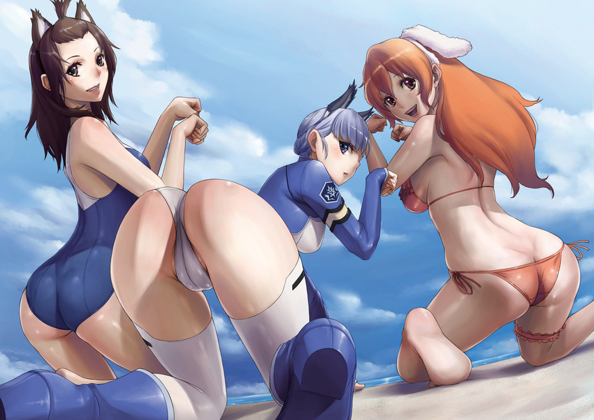 3girls :d animal_ears arm_support ass barefoot bent_over bikini blue_eyes blush breasts brown_eyes brown_hair bunny_ears butt_crack cameltoe cat_ears cloud dog_ears fake_animal_ears feet fin_e_ld_si_laffinty from_behind garters grin hairband highres kneeling kyouno_madoka large_breasts legs leotard long_hair looking_back muginami multiple_girls one-piece_swimsuit open_mouth orange_hair partially_visible_vulva paw_pose rinne_no_lagrange sawaragi shiny shiny_skin short_hair side-tie_bikini silver_hair sky smile soles swimsuit swimsuits thighhighs thighs
