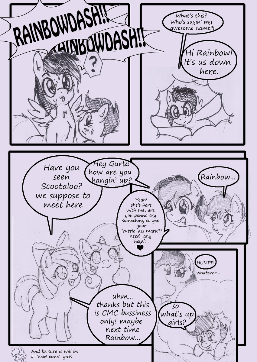 anibaruthecat apple_bloom_(mlp) black_and_white blush bow comic cub cutie_mark_crusaders_(mlp) dialog english_text equine eyes female feral friendship_is_magic group hair horn horse mammal monochrome my_little_pony outside pegasus pony rainbow_dash_(mlp) scootaloo_(mlp) sketch smile standing sweetie_belle_(mlp) text unicorn wings young