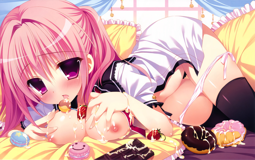 absurdres blush breasts chocolate_bar cream doughnut food frilled_pillow frills fruit highres huge_filesize kanadome_miyako macaron medium_breasts nanaka_mai nipples no_bra open_clothes open_shirt panties panty_pull pillow pink_eyes pink_hair pink_panties pure_girl school_uniform shirt side-tie_panties strawberry suggestive_fluid thighhighs tongue underwear