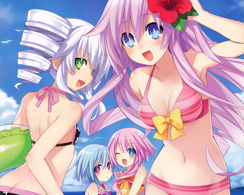 4girls ass beach bikini black_sister blue_eyes blue_hair bow breasts choujigen_game_neptune cleavage everyone flower green_eyes group hair_flower hair_ornament highres hyperdimension_neptunia innertube long_hair multiple_girls nepgear neptune_(series) ocean pink_hair purple_sister ram ram_(choujigen_game_neptune) red_eyes ribbon ribbons rom rom_(choujigen_game_neptune) short_hair siblings swimsuit symbol-shaped_pupils twins uni uni_(choujigen_game_neptune) water white_hair white_sister_ram white_sister_rom wink