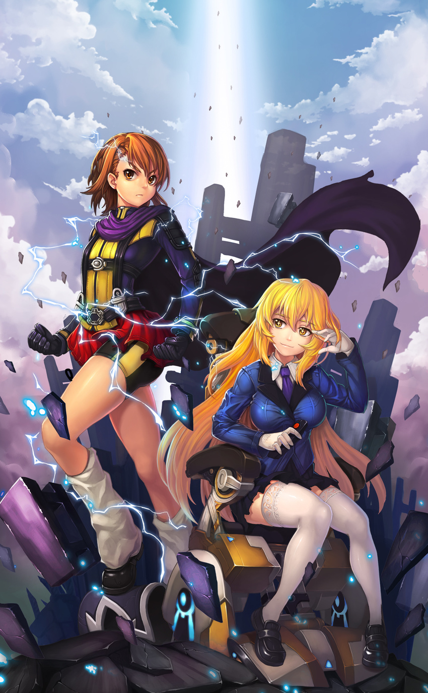 2girls bike_shorts blonde_hair breasts brown_eyes brown_hair charles_xavier charles_xavier_(cosplay) coat controller cosplay electricity gloves highres jak legs long_hair magneto magneto_(cosplay) marvel medium_breasts misaka_mikoto multiple_girls necktie parody power_connection remote_control scarf shokuhou_misaki skirt socks thighhighs to_aru_kagaku_no_railgun to_aru_majutsu_no_index wheelchair white_legwear x-men x-men:_first_class yellow_eyes