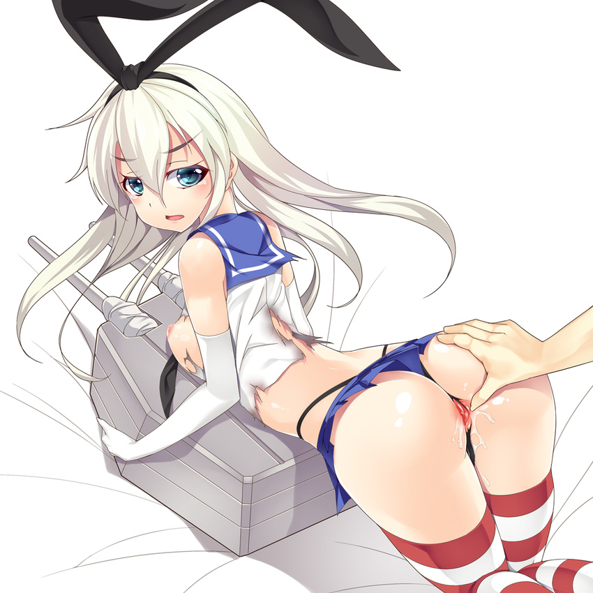 1girl anus black_panties blonde_hair blush elbow_gloves gloves green_eyes hairband hand_on_ass hetero highres kantai_collection long_hair md5_mismatch nakajou no_bra open_mouth panties pussy pussy_juice shimakaze_(kantai_collection) shiny shiny_skin simple_background skirt spread_anus striped striped_legwear thighhighs thong torn_clothes underwear white_background white_gloves