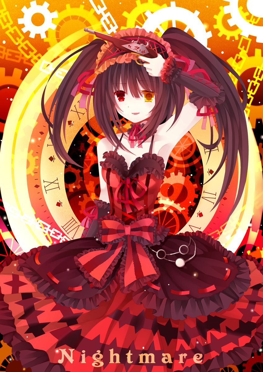 absurdres bare_shoulders black_hair breasts chain clock clock_eyes date_a_live dress english gears gun hairband heterochromia highres lolita_fashion lolita_hairband long_hair looking_at_viewer medium_breasts moseley red_eyes ribbon rifle roman_numerals smile solo symbol-shaped_pupils tokisaki_kurumi twintails uneven_twintails weapon yellow_eyes