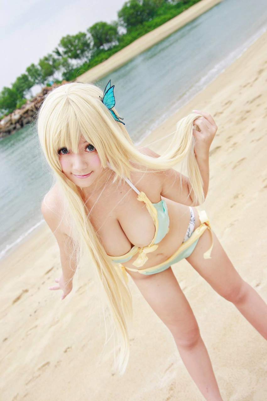 1girl beach boku_wa_tomodachi_ga_sukunai breasts cosplay kashiwazaki_sena large_breasts photo solo swimsuit