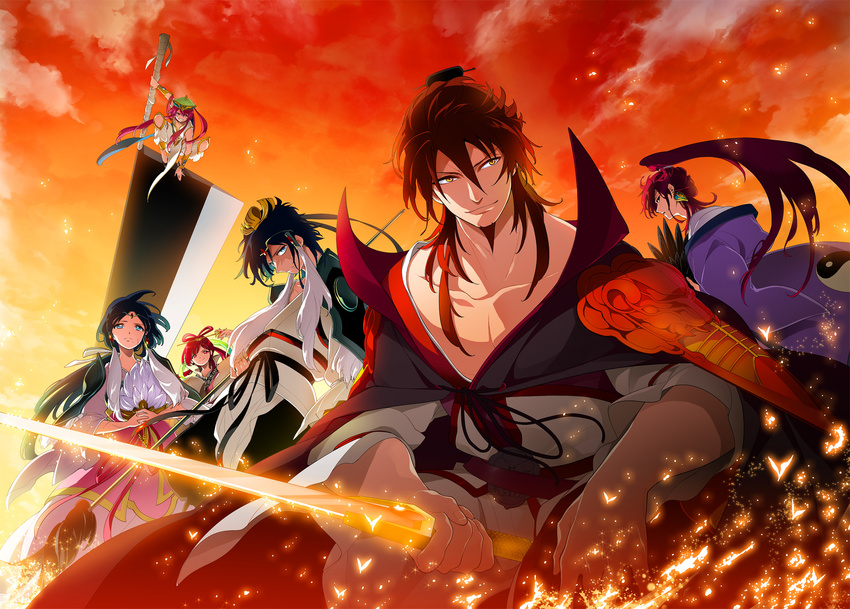 4boys bad_id bad_pixiv_id beard black_hair blue_eyes brother_and_sister brothers chinese_clothes cousins dalc_rose facial_hair hair_ornament hair_rings hair_stick hanfu highres huge_weapon long_hair magi_the_labyrinth_of_magic multiple_boys multiple_girls ponytail red_eyes red_hair ren_hakuei ren_hakuryuu ren_kouen ren_kougyoku ren_kouha ren_koumei short_hair siblings sunset sword weapon yellow_eyes