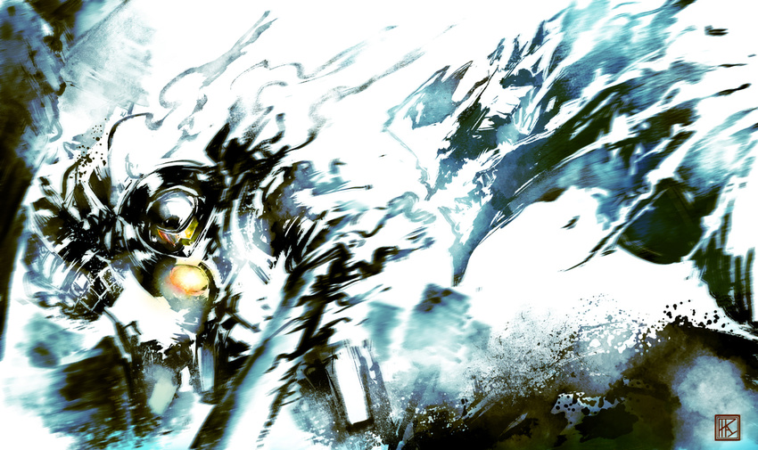 battle blurry clenched_hand duel fighting_stance gipsy_danger kaijuu machinery mecha monochrome monster motion_blur no_humans pacific_rim paparaya perspective science_fiction signature simple_background smoke splashing sword water weapon