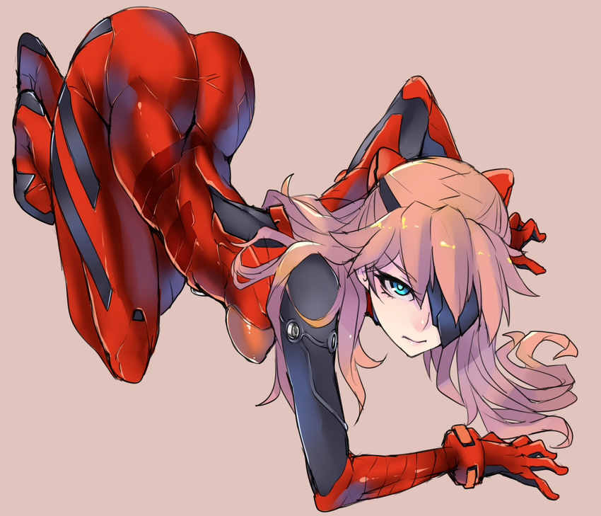 all_fours arched_back ass ban bangs beige_background blue_eyes bodysuit bracer breasts closed_mouth evangelion:_3.0_you_can_(not)_redo expressionless eyepatch from_above from_side full_body gloves hair_ornament hair_over_shoulder legs_together light_brown_hair long_hair looking_at_viewer neon_genesis_evangelion pilot_suit plugsuit rebuild_of_evangelion shikinami_asuka_langley shiny shiny_clothes simple_background sketch skin_tight skinny small_breasts solo souryuu_asuka_langley tape
