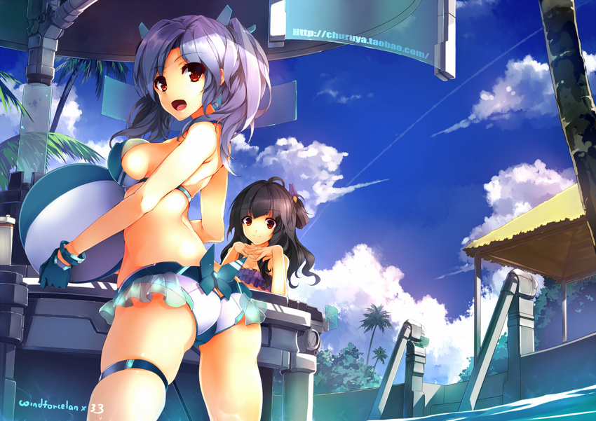 33_(mkiiiiii) ahoge ass ball beachball bikini black_hair blush breasts cloud collaboration day gloves highres large_breasts long_hair looking_at_viewer looking_back multiple_girls open_mouth original outdoors palm_tree pool purple_hair red_eyes sideboob skindentation sky smile swimsuit thigh_strap tree twintails water windforcelan