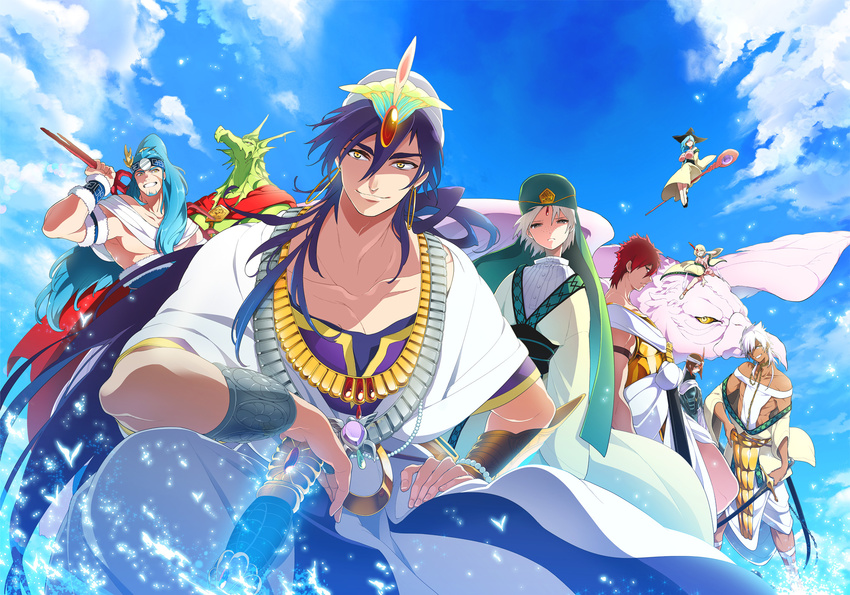 6+boys bad_id bad_pixiv_id bird blonde_hair blue_hair bracelet cloud dalc_rose dark_skin day dragon drakon flying hat highres hinahoho ja'far jewelry long_hair looking_at_viewer magi_the_labyrinth_of_magic masrur multiple_boys multiple_girls pisti purple_hair red_hair sharrkan short_hair sinbad_(magi) sky smile spartos staff sword weapon white_hair witch_hat yamuraiha yellow_eyes