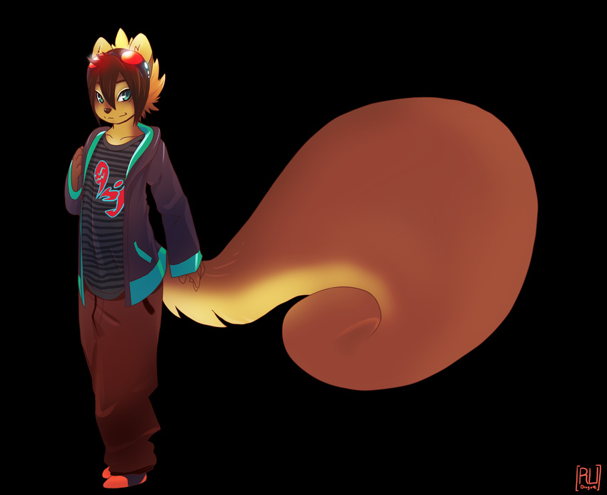 black_background bright clothed clothing eyewear fluffy fur green_eyes happy hi_res huge_tail looking_at_viewer male mammal plain_background punk rodent rudragon solo squirrel sunglasses