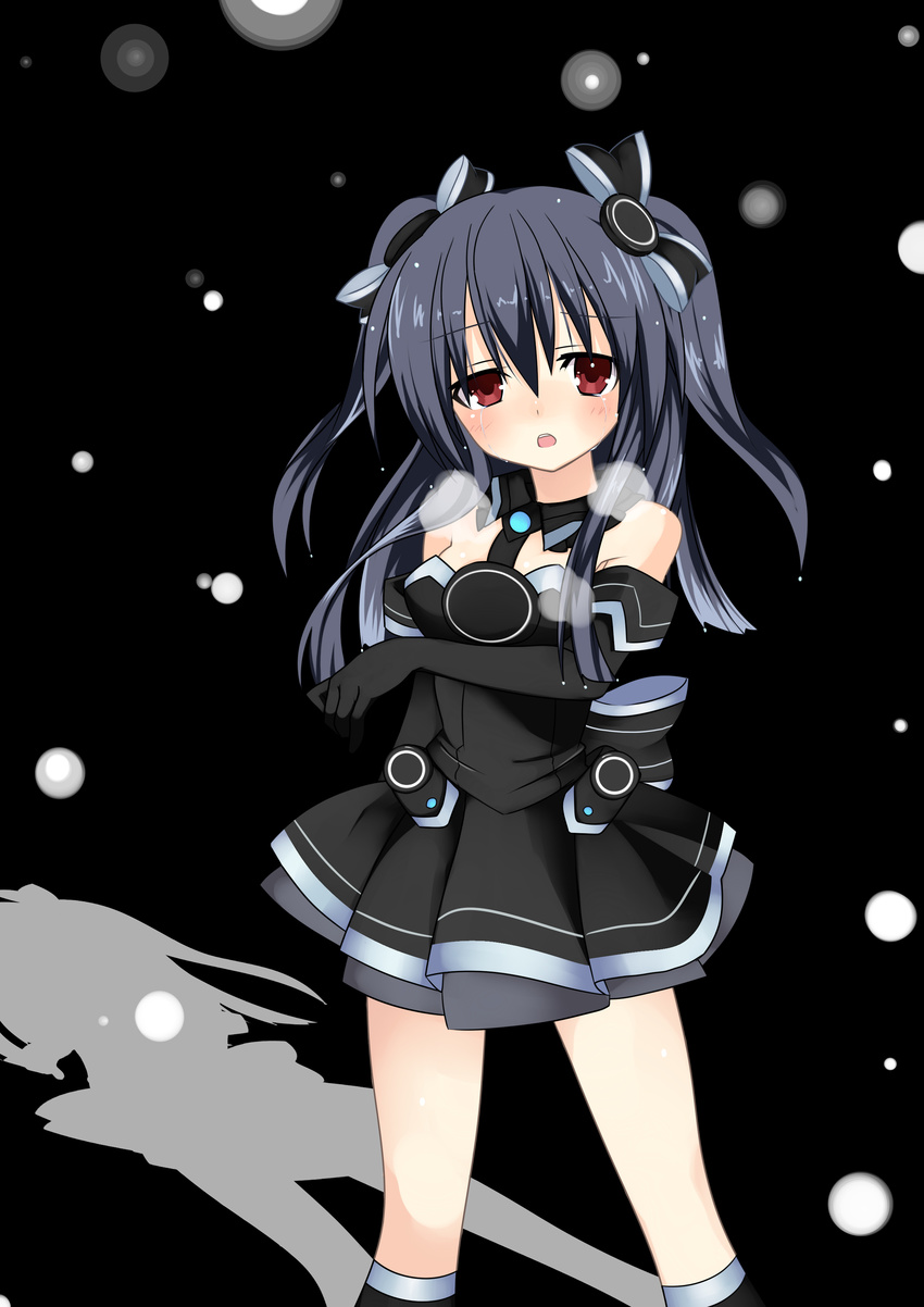 absurdres bare_shoulders black_background black_hair blush bow choujigen_game_neptune_mk2 hair_bow hair_ornament highres long_hair looking_at_viewer meimu_(infinity) neptune_(series) open_mouth red_eyes smile solo tears uni_(choujigen_game_neptune)