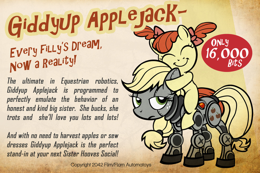 apple_bloom_(mlp) applejack_(mlp) blonde_hair couple cub cutie_mark english_text equine eyes_closed fallout_3 female feral freckles friendship_is_magic hair horse hug machine mammal mechanical my_little_pony pigtails pixelkitties pony robot text young