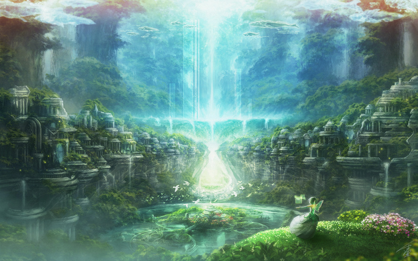 bird building chitose_rin dress fairy fairy_wings fish flower grass green_hair highres holographic_interface landscape moss nature original outstretched_arm ruins scenery short_hair signature solo wallpaper whale wings