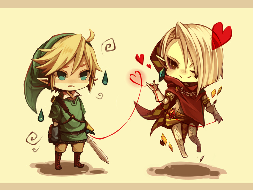 blonde_hair blue_eyes cape earrings ghirahim gloves hat heart highres holding holding_sword holding_weapon jewelry left-handed link multiple_boys one_eye_closed orqz pointy_ears smile sword the_legend_of_zelda the_legend_of_zelda:_skyward_sword weapon white_hair