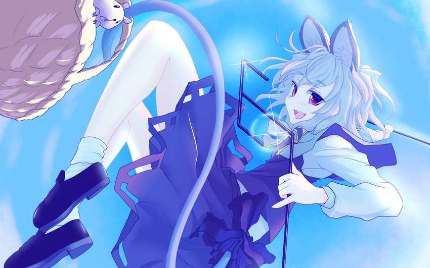 animal_ears basket blush capelet cloud grey_hair ishikkoro jewelry mouse mouse_ears mouse_tail nazrin open_mouth pendant red_eyes short_hair sky smile solo tail touhou wallpaper
