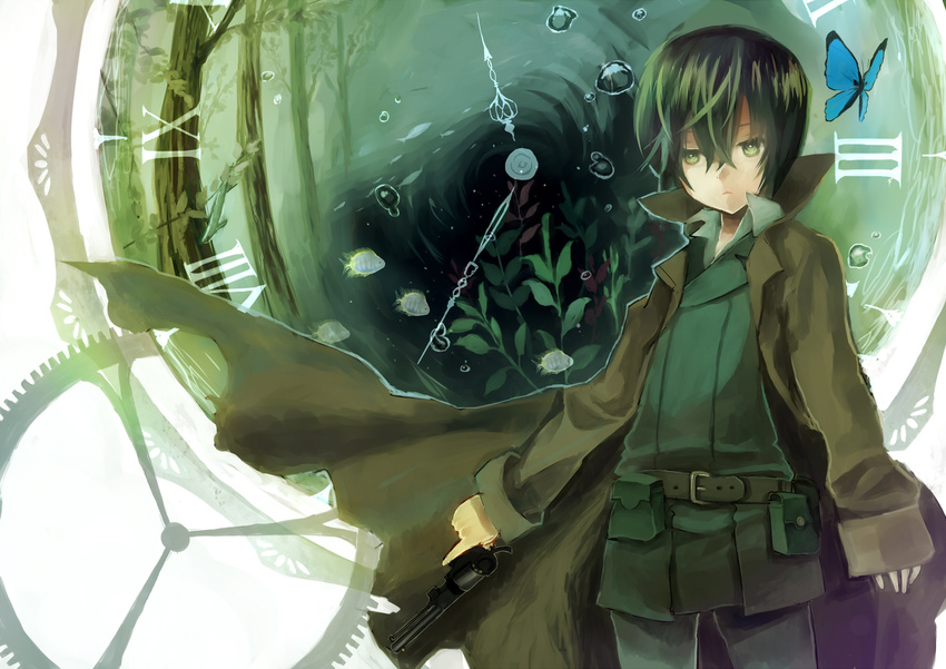 aiharafu belt bubble butterfly clock coat cog fish forest formal gears green_eyes green_hair gun handgun highres jacket kino kino_no_tabi nature pistol pouch short_hair solo suit trench_coat trenchcoat wallpaper weapon