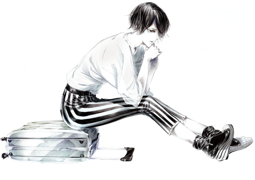 1girl black_hair chin_rest hands_together looking_at_viewer monochrome original pants sawasawa shoes short_hair sitting solo spot_color striped striped_pants suitcase yellow_eyes