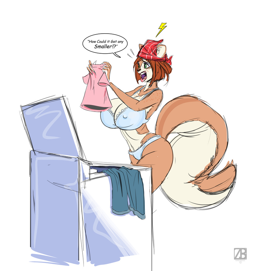 absurd_res animal_ears big_breasts bra breasts brown_hair clothing female fluffy_tail freckles green_eyes hair hi_res mammal panties penny_flynn plain_background rodent short_hair solo squirrel underwear white_background zaftigbunnypress