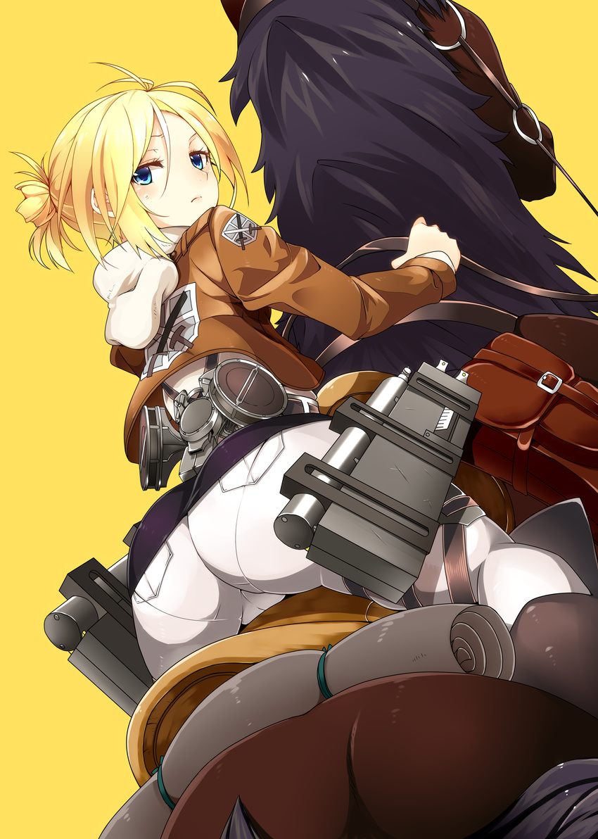 absurdres annie_leonhardt ass blonde_hair blue_eyes boots emblem highres horse horseback_riding jacket knee_boots kotomuke_fuurin looking_at_viewer looking_back pantylines paradis_military_uniform reins riding saddle shingeki_no_kyojin short_hair solo three-dimensional_maneuver_gear training_corps_(emblem) uniform