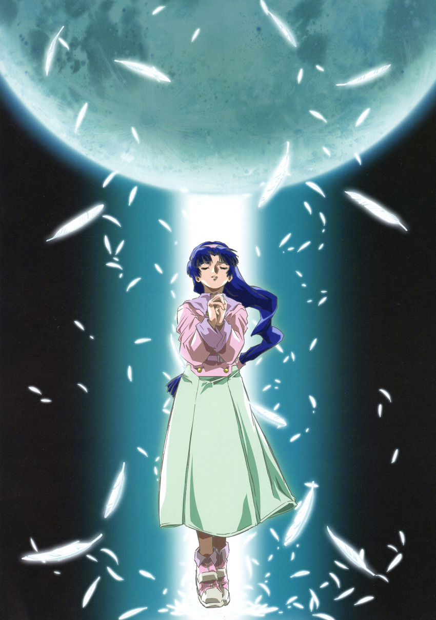 absurdres ankle_boots artist_request boots celvice_klein closed_eyes feathers hairband hands_clasped highres long_hair long_skirt low-tied_long_hair moon official_art own_hands_together praying skirt solo zone_of_the_enders