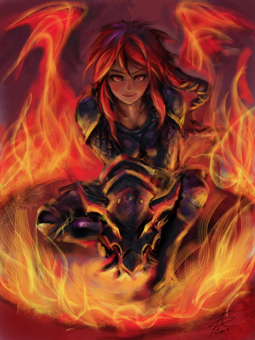 alternate_costume armor fire gauntlets highres ironscale_shyvana league_of_legends long_hair phantom_ix_row red_eyes red_hair shyvana slit_pupils smile solo squatting