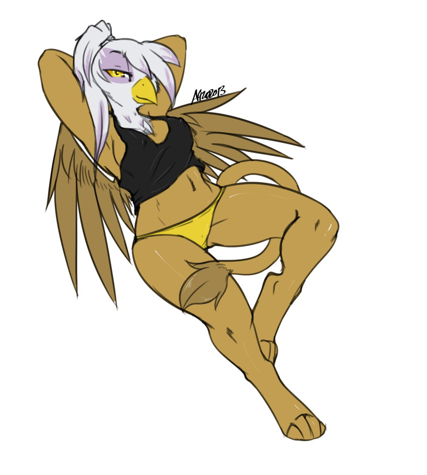anthro anthrofied avante92 avian breasts clothed clothing female friendship_is_magic gilda_(mlp) gryphon my_little_pony navel panties plain_background ponytail pose skimpy solo underwear white_background wings yellow_eyes