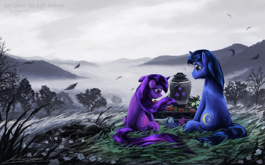 2012 blue_hair crescent_(mlp) crying cutie_mark death detailed_background equine female feral flower fog friendship_is_magic hair horn horse huussii leaves long_hair male mammal mountain my_little_pony pony purple_eyes purple_hair roses sad scenery sitting tears tree twilight_sparkle_(mlp) unicorn urn wallpaper wood