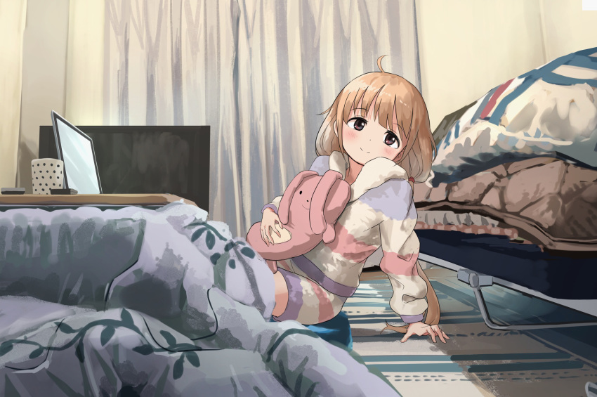 1girl ahoge arm_support bangs bed blanket blonde_hair blunt_bangs blush brown_eyes closed_mouth commentary_request computer cup curtains dot_nose eyebrows_visible_through_hair from_side futaba_anzu highres holding hood hoodie idolmaster idolmaster_cinderella_girls indoors kamemaru kotatsu laptop leaning_back long_hair long_sleeves looking_at_viewer loungewear low_twintails on_floor shorts sitting solo striped striped_hoodie striped_shorts table twintails