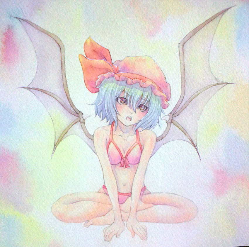barefoot bat_wings bikini blue_hair blush bow collarbone eyelashes front-tie_top hat head_tilt highres indian_style navel open_mouth pink_bikini remilia_scarlet short_hair sitting solo swimsuit touhou traditional_media v_arms watercolor_(medium) wings yuyu_(00365676)